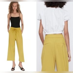 Zara Cropped Loose-fitting Trousers With Tie Elastic Waist In Mustard Size S